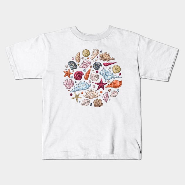 Seashells different types hand drawn Kids T-Shirt by Mako Design 